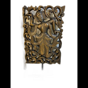 Asian Table Art Carved Decor Pedestal Panel Wood Tone 14 x 7 1/2